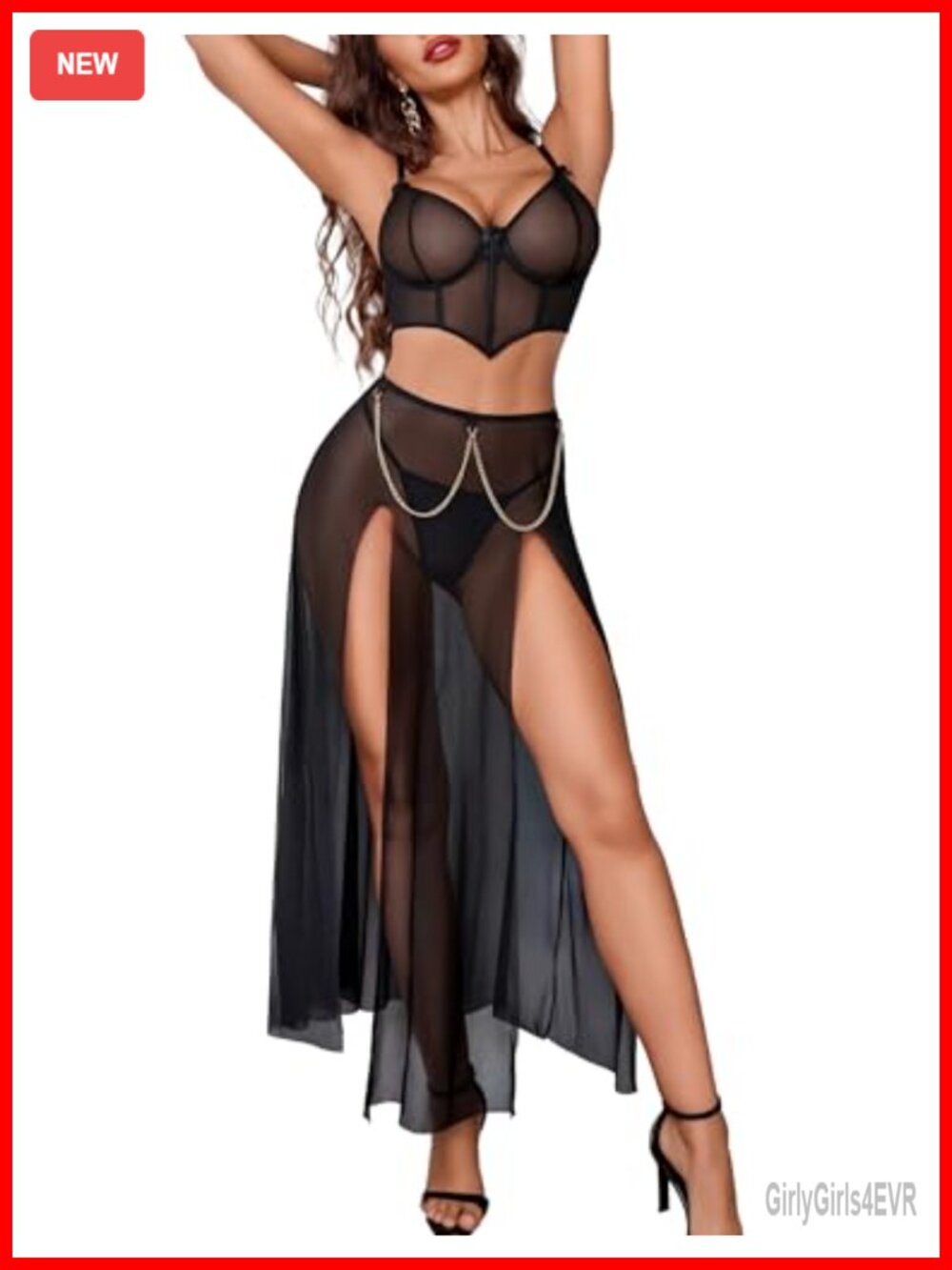 Avidlove Sheer Mesh 3-Piece Lingerie Set Split Skirt Crop Top Thong